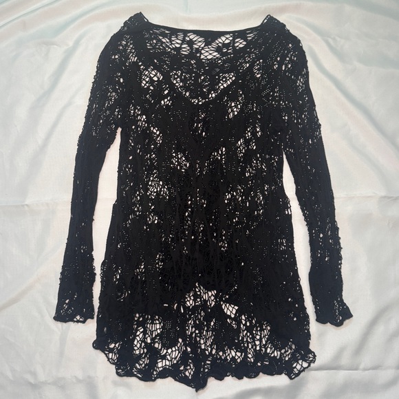 Bella Amore Black Crochet Top Linen Gothic Grunge Fairycore Made in Italy M - Picture 2 of 6